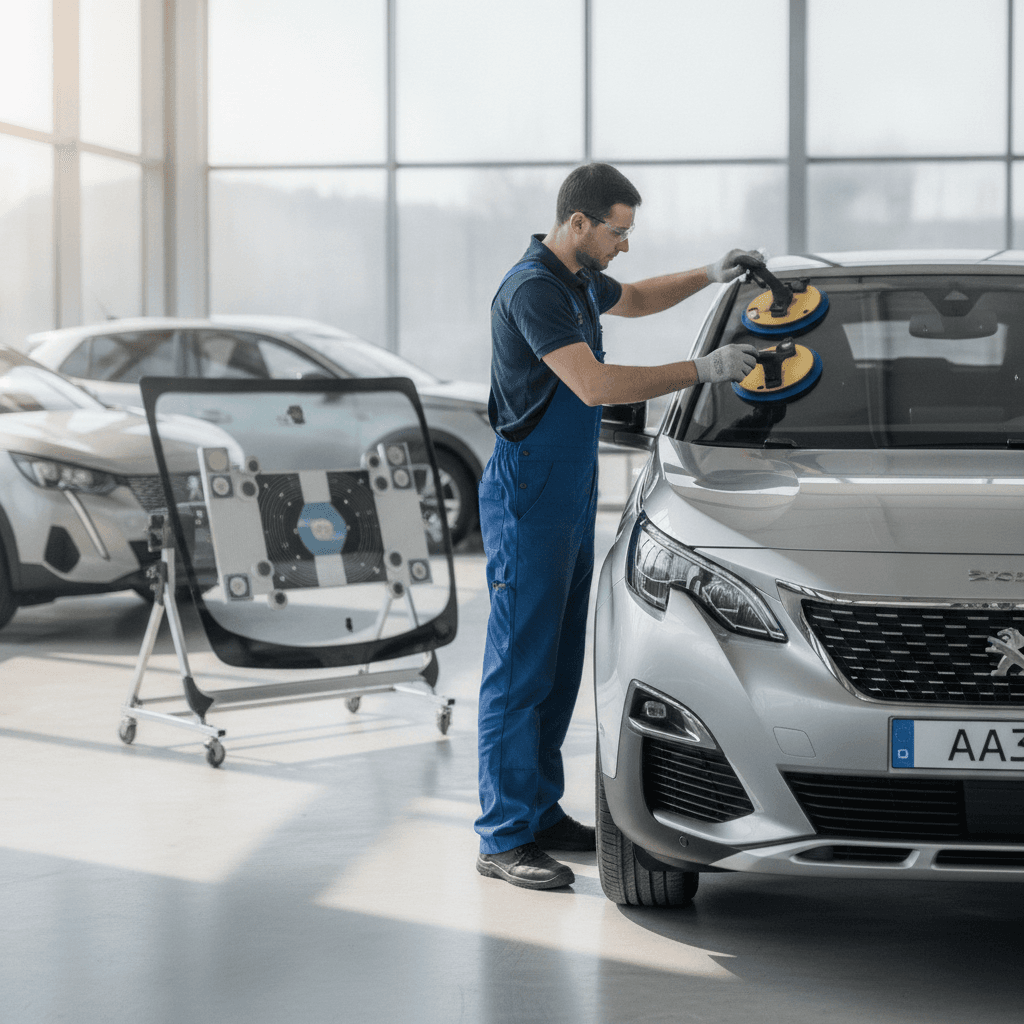 Un technicien certifié Offre Pare Brise effectuant le remplacement d'un pare-brise sur une Peugeot 3008 noire, avec l'équipement de calibrage ADAS à côté du véhicule.