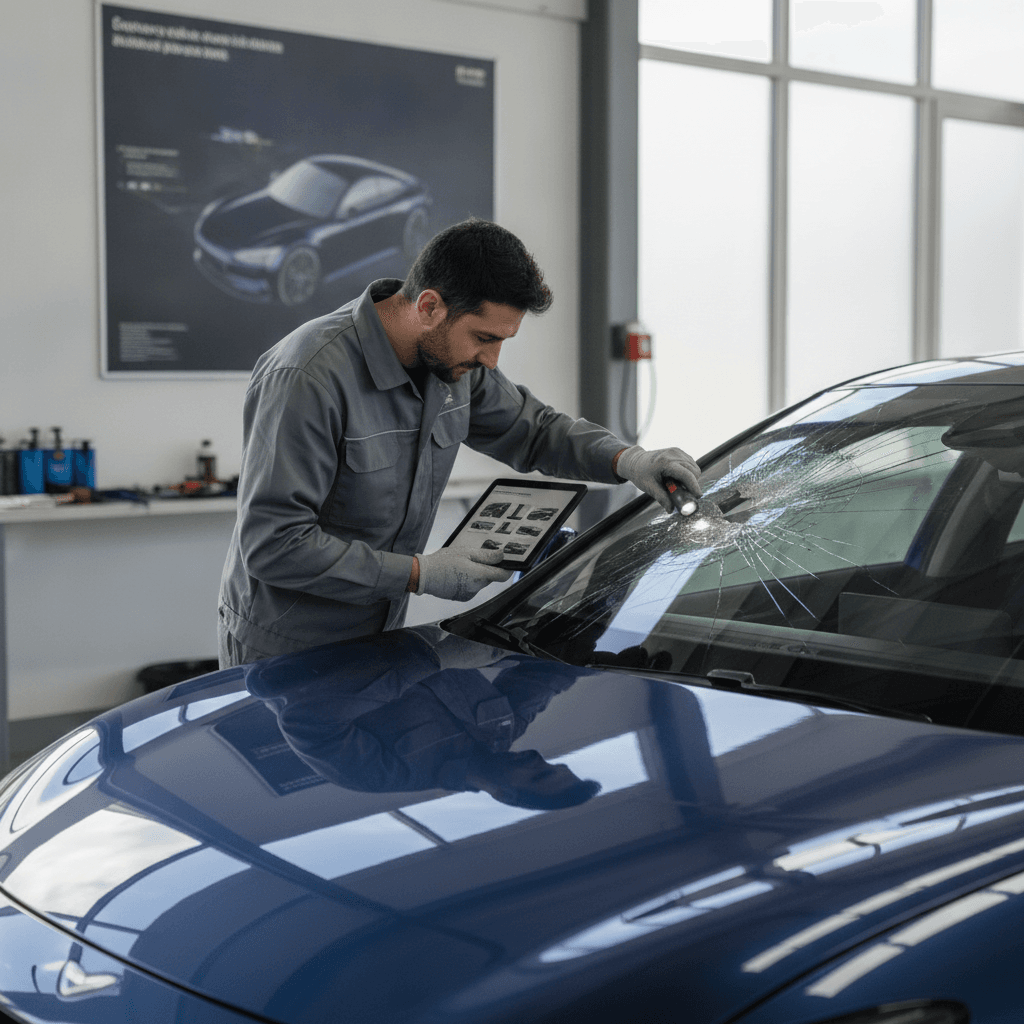 Un couple d'automobilistes souriants consultant un contrat d'assurance sur une tablette, avec une voiture en arrière-plan, symbolisant la compréhension des garanties bris de glace.